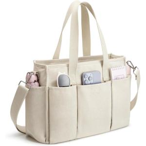 imageG4Free Canvas Tote Bag with Pockets Medium Size Crossbody Work Tote Bag for Women Zipper ClosureBeige
