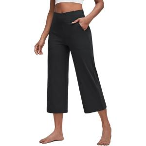 imageG4Free Capri Pants for Women Wide Leg Yoga Dress Capris with Pockets Cross Loose Casual Work Crop PantsBlack
