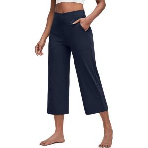 imageG4Free Capri Pants for Women Wide Leg Yoga Dress Capris with Pockets Cross Loose Casual Work Crop PantsDark Navy