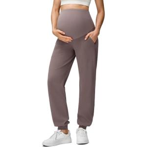 imageG4Free EverGoing Maternity Pants Stretchy Workout Lounge Pants Over The Belly Pregnancy Joggers with PocketsTaupe