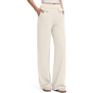 imageG4Free GOTO Womens Wide Leg Pants High Waisted Yoga Pants Casual Palazzo Trousers with PocketsIvory