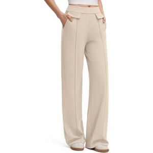 imageG4Free GOTO Womens Wide Leg Pants High Waisted Yoga Pants Casual Palazzo Trousers with PocketsLight Khaki