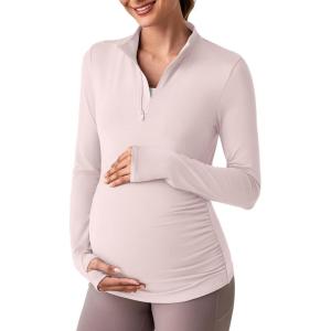 imageG4Free Lightweight Maternity Long Sleeve Workout Tops UPF 50 Rash Guard Half Zip Sun Shirts Ruches Pregnancy PulloverSmoky Blush
