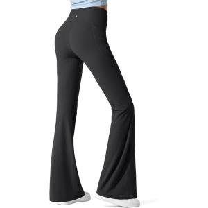 imageG4Free Ribbed Flare Yoga Pants with Pockets for Women High Waisted Bootcut Workout Leggings CasualBlack