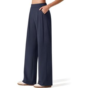 imageG4Free ShiftReady Womens Wide Leg Dress Yoga Pants with Pockets Two Front Pleated Casual Slack High Waist Work TrousersDark Navy