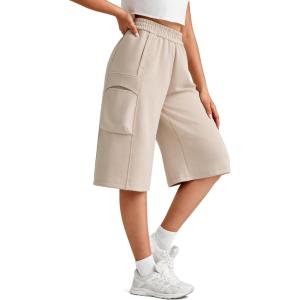 imageG4Free Smoofit Modal Soft Capri Yoga Pants for Women 13quot Knee Length Wide Leg Cargo Sweatpants Travel Casual Bermuda ShortsLight Khaki