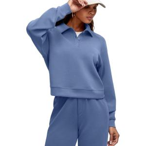 imageG4Free Smoofit Modal Soft Womens Polo Sweatshirts Pullover Long Sleeve Button Up Casual TopsDenim Blue