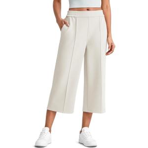 imageG4Free Smoofit Modal Soft Womens Wide Leg Capri Sweatpants High Waist Casual Lounge Cropped Pants with PocketsIvory
