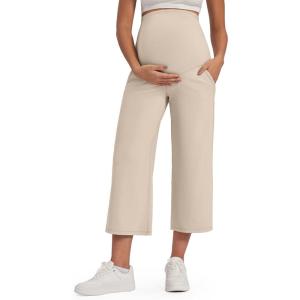 imageG4Free Wide Leg Maternity Yoga Capris Over The Belly Stretch Pregnancy Cropped Pants with PocketsLight Khaki