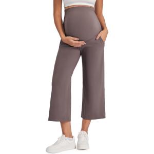 imageG4Free Wide Leg Maternity Yoga Capris Over The Belly Stretch Pregnancy Cropped Pants with PocketsTaupe