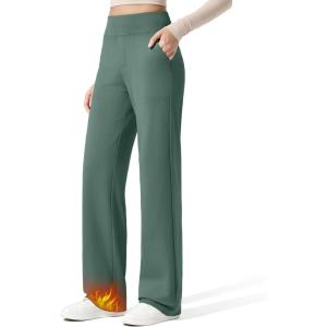 imageG4Free Women Fleece Lined Pants with Pockets Wide Leg Winter Thermal Work Trousers Dressy Casual PetiteRegularTallDark Forest Green