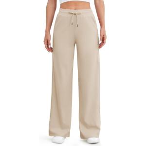 imageG4Free Womens Wide Leg Pants High Waisted Yoga Pants with Pockets Casual Drawstring SweatpantsLight Khaki