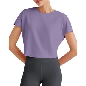 imageG4Free Workout Shirts Women Loose Fit Short Sleeve Tops Stretchy Yoga Gym Summer Soft Lightweight Casual Exercise TshirtsGray PurpleM