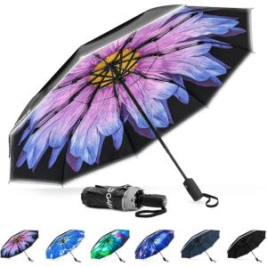 imageG4Free 42 Inch Eco Windproof Folding Umbrella for Rain ampamp Sun 9 Ribs Wind Resistant Strong Fiberglass Double Canopy with Reflective Strip for Women Men Auto Open Close For Car ampamp BackpackBlackPurple Daisy