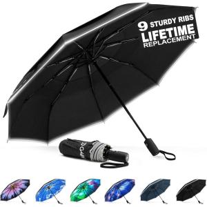 imageG4Free 42 Inch Eco Windproof Folding Umbrella for Rain ampamp Sun 9 Ribs Wind Resistant Strong Fiberglass Double Canopy with Reflective Strip for Women Men Auto Open Close For Car ampamp BackpackBlack