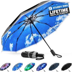 imageG4Free 42 Inch Eco Windproof Folding Umbrella for Rain ampamp Sun 9 Ribs Wind Resistant Strong Fiberglass Double Canopy with Reflective Strip for Women Men Auto Open Close For Car ampamp BackpackBlackBlue Sky