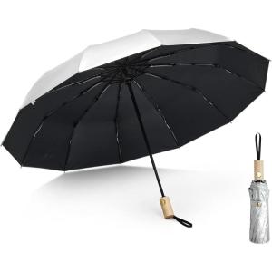 imageG4Free 46 Inch UPF 50 UV Protection Large Travel Umbrella with Wooden Handle 12 Fibreglass Ribs Super Windproof Sun Blocking Folding Umbrella Auto Open CloseBlack