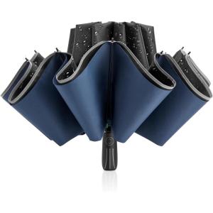 imageG4Free 54 Inch Large Double Layer Inverted Umbrella 12 Ribs Compact Windproof Automatic Folding Reverse Umbrella with Reflective Strip for rainBlackDark Blue