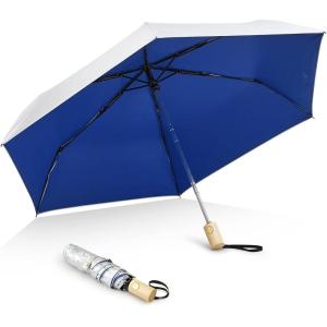 imageG4Free UPF 50 UV Protection Travel Umbrella with Wooden Handle 42 Inch Lightweight Sun Rain Folding Umbrellas Auto Open Close BlackBlue