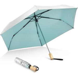 imageG4Free UPF 50 UV Protection Travel Umbrella with Wooden Handle 42 Inch Lightweight Sun Rain Folding Umbrellas Auto Open Close BlackLake Blue