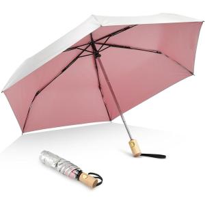 imageG4Free UPF 50 UV Protection Travel Umbrella with Wooden Handle 42 Inch Lightweight Sun Rain Folding Umbrellas Auto Open Close BlackPink