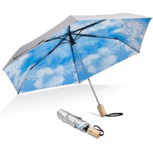 imageG4Free UPF 50 UV Protection Travel Umbrella with Wooden Handle 42 Inch Lightweight Sun Rain Folding Umbrellas Auto Open Close BlackSky