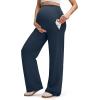 imageG4Free EverGoing Fleece Lined Maternity Wide Leg Pants Over The Belly Pregnancy Trousers with PocketsDark Blue