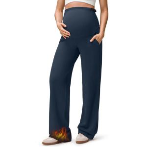 imageG4Free EverGoing Fleece Lined Maternity Wide Leg Pants Over The Belly Pregnancy Trousers with PocketsDark Blue