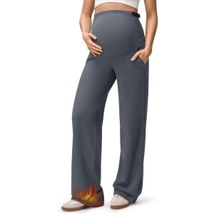 imageG4Free EverGoing Fleece Lined Maternity Wide Leg Pants Over The Belly Pregnancy Trousers with PocketsDark Gray