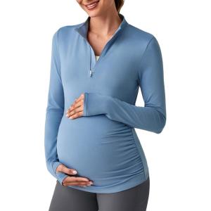 imageG4Free Lightweight Maternity Long Sleeve Workout Tops UPF 50 Rash Guard Half Zip Sun Shirts Ruches Pregnancy PulloverDusty Blue