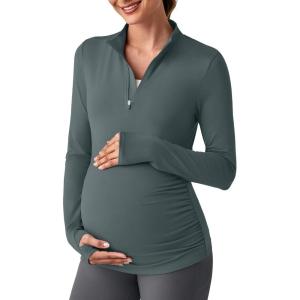 imageG4Free Lightweight Maternity Long Sleeve Workout Tops UPF 50 Rash Guard Half Zip Sun Shirts Ruches Pregnancy PulloverGray Blue