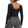 imageG4Free Barefeel Slim Fitted Womens Long Sleeve Crop Workout Tops Low Back Athletic Yoga Exercise Shirts Scoop Neck Base LayerBlack