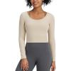 imageG4Free Barefeel Slim Fitted Womens Long Sleeve Crop Workout Tops Low Back Athletic Yoga Exercise Shirts Scoop Neck Base LayerKhaki