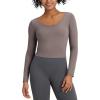 imageG4Free Barefeel Slim Fitted Womens Long Sleeve Crop Workout Tops Low Back Athletic Yoga Exercise Shirts Scoop Neck Base LayerTaupe