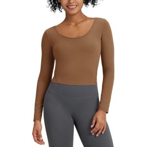 imageG4Free Barefeel Slim Fitted Womens Long Sleeve Crop Workout Tops Low Back Athletic Yoga Exercise Shirts Scoop Neck Base LayerCoffee