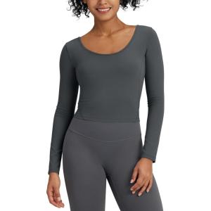 imageG4Free Barefeel Slim Fitted Womens Long Sleeve Crop Workout Tops Low Back Athletic Yoga Exercise Shirts Scoop Neck Base LayerDark Gray