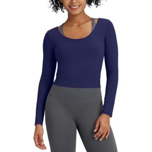 imageG4Free Barefeel Slim Fitted Womens Long Sleeve Crop Workout Tops Low Back Athletic Yoga Exercise Shirts Scoop Neck Base LayerNavy