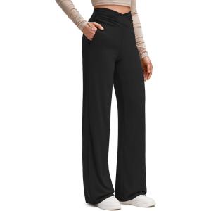 imageG4Free BareFeel High Stretch Wide Leg Yoga Pants for Women Side Pleated V Waist Casual Trousers with PocketsBlack