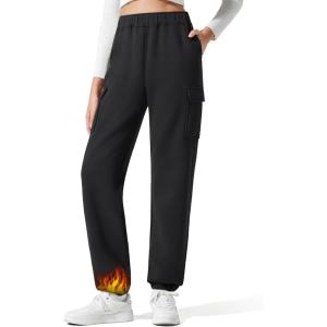 imageG4Free Flurrylux Womens Fleece Lined Joggers Pants Cotton Cargo Sweatpants with PocketsBlack