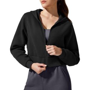 imageG4Free Flurrylux Womens Fleece Lined Cropped Jackets Cotton Zip Up Hoodies with Pockets Thermal SweatshirtBlack