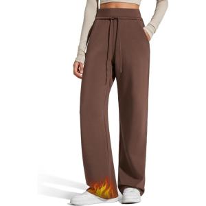imageG4Free Smoofit Fleece Lined Wide Leg Sweatpants for Women Drawstring Thermal Casual Pants with PocketsCoffee Brown