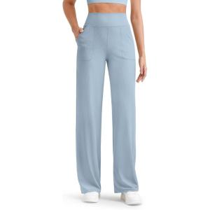 imageG4Free Womnes Ribbed Knit Wide Leg Pants with Pockets Lightweight Stretchy Yoga Pants Casual LoungeBlue Willow