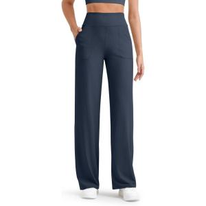 imageG4Free Womnes Ribbed Knit Wide Leg Pants with Pockets Lightweight Stretchy Yoga Pants Casual LoungeDark Navy