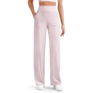 imageG4Free Womnes Ribbed Knit Wide Leg Pants with Pockets Lightweight Stretchy Yoga Pants Casual LoungeLight Pink