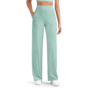 imageG4Free Womnes Ribbed Knit Wide Leg Pants with Pockets Lightweight Stretchy Yoga Pants Casual LoungePowder Blue