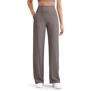 imageG4Free Womnes Ribbed Knit Wide Leg Pants with Pockets Lightweight Stretchy Yoga Pants Casual LoungeTaupe