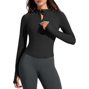 imageG4Free BareFeel Womens Half Zip Pullover Hoodies Slim Fit Yoga Running Long Sleeve Tops with ThumbholesBlack