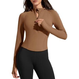 imageG4Free BareFeel Womens Half Zip Pullover Hoodies Slim Fit Yoga Running Long Sleeve Tops with ThumbholesDark Coffee