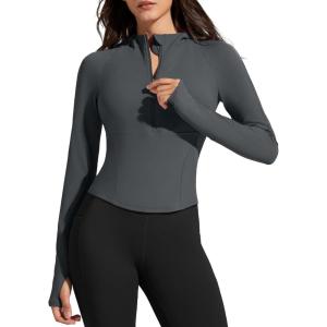 imageG4Free BareFeel Womens Half Zip Pullover Hoodies Slim Fit Yoga Running Long Sleeve Tops with ThumbholesDark Gray