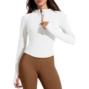 imageG4Free BareFeel Womens Half Zip Pullover Hoodies Slim Fit Yoga Running Long Sleeve Tops with ThumbholesPure White